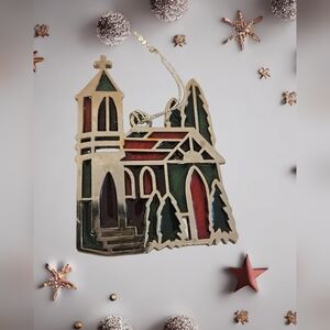 🎁 Stain Glass church with cross ornament by Russ Berrie & Co. Green & Red 🎄